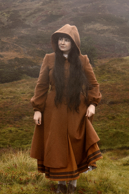 Brown Wool Blend Long Coat - Hooded with Lantern Sleeves 4736