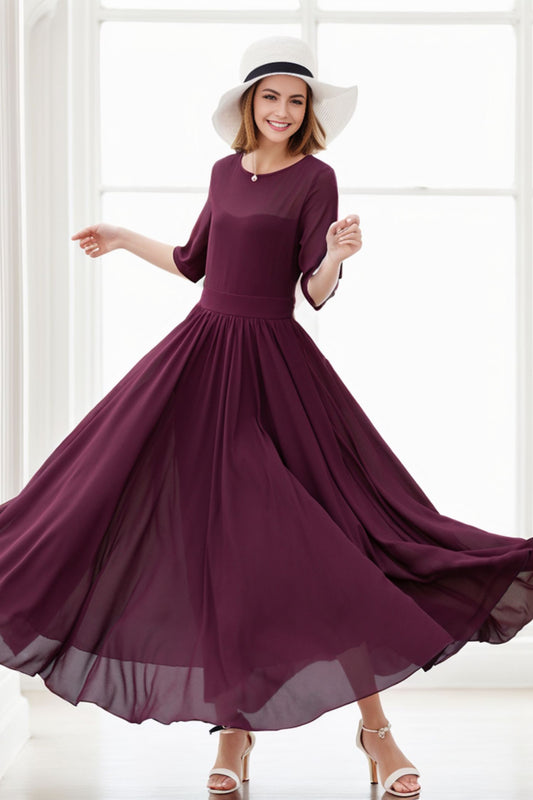 Fit and flare burgundy prom maxi chiffon dress 5113