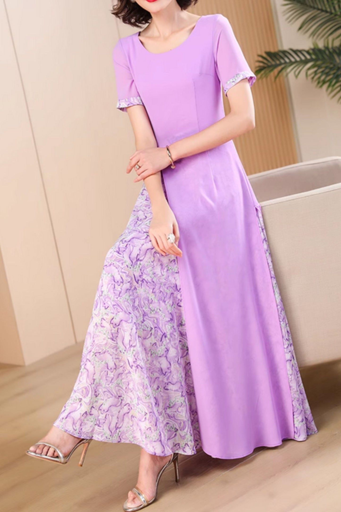 Block color maxi purple chiffon dresses 5010