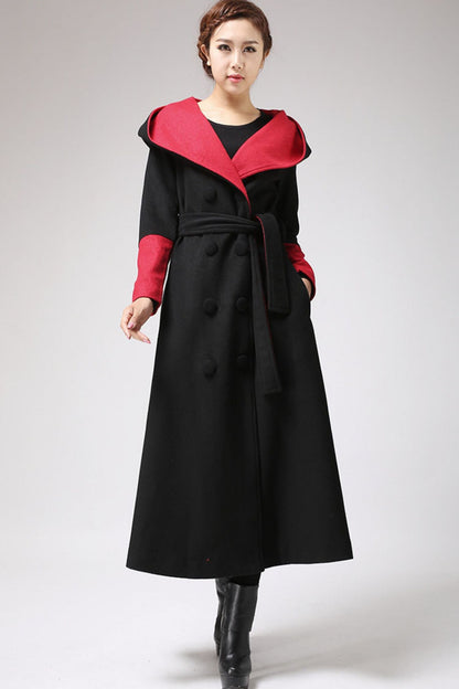 Black Wool Hooded Maxi Coat - Double Breasted Belt | Xiaolizi 700