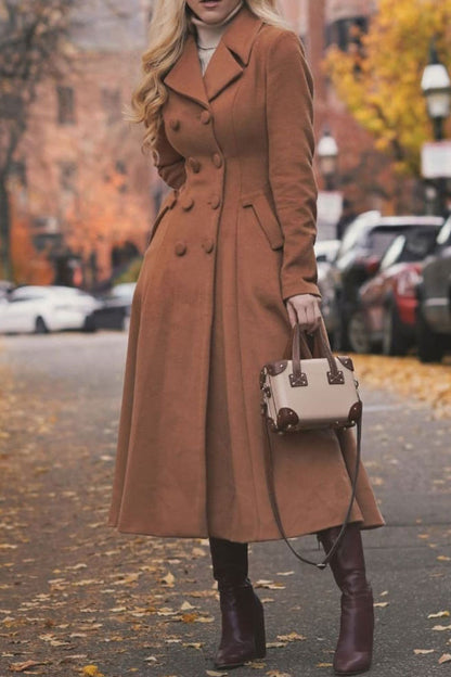 Camel Wool Maxi Coat – Vintage Double Breasted A-Line Winter Overcoat 3816
