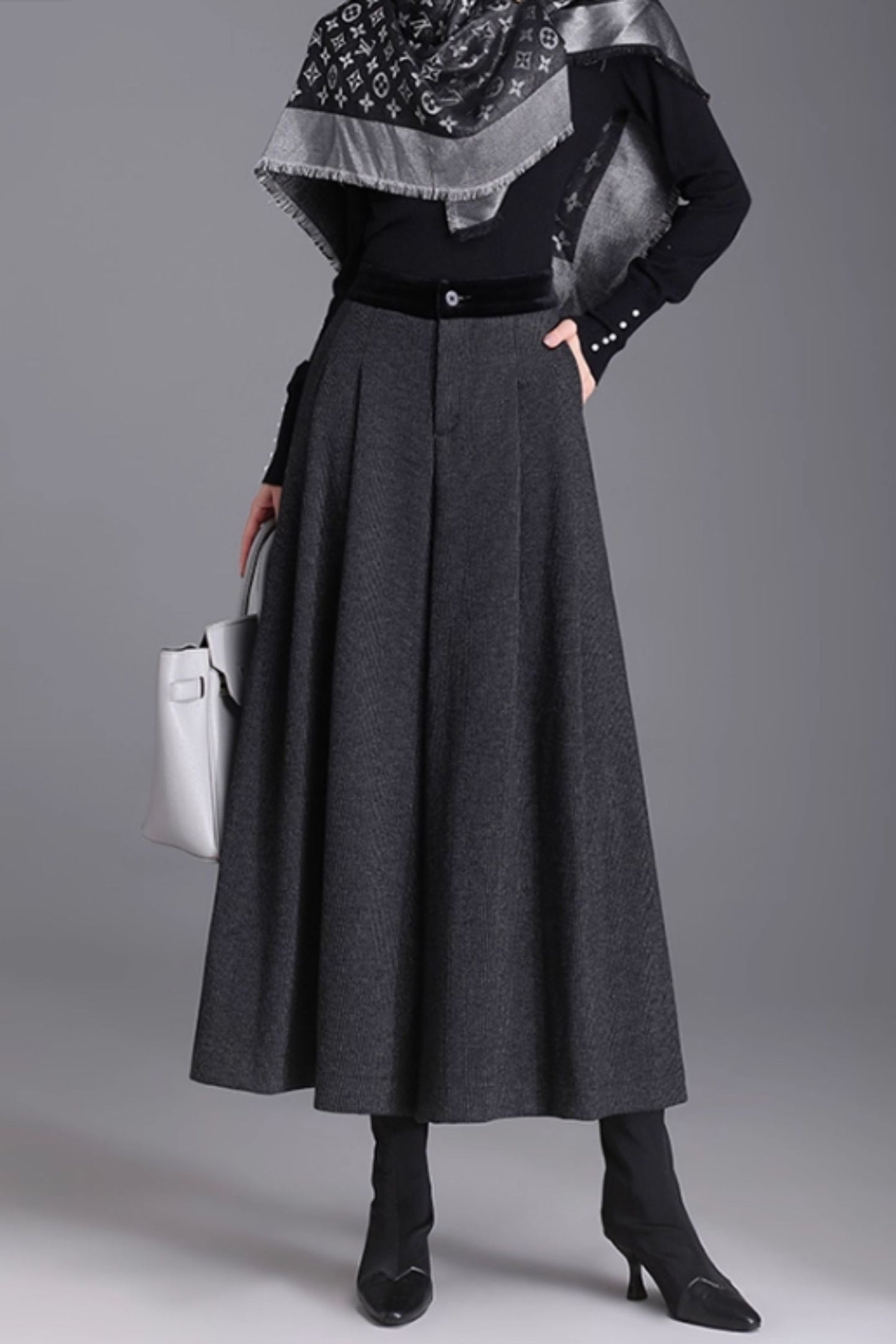Gray Wool Wide Leg Pants - Warm Midi Length with Pockets 6368