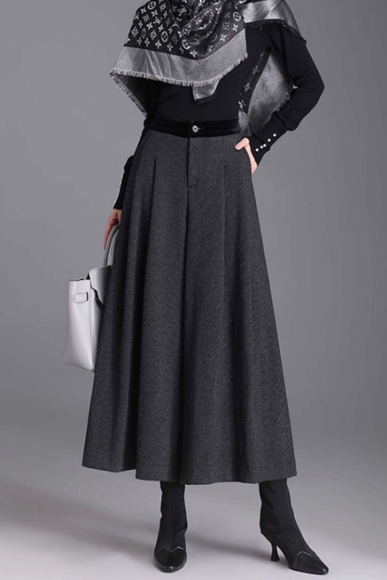 Gray Wool Wide Leg Pants - Warm Midi Length with Pockets 6368