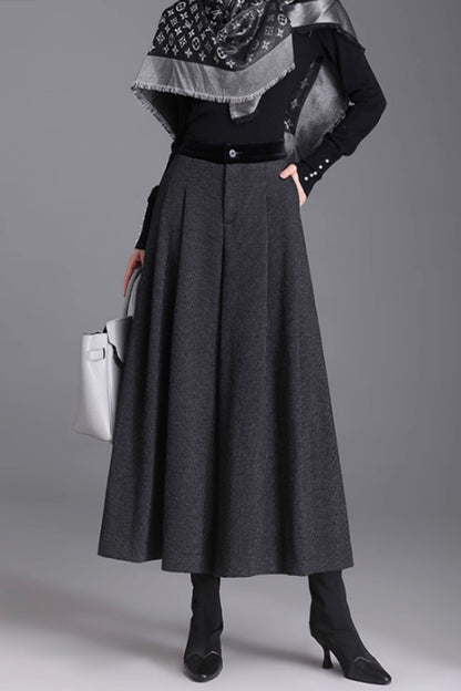 Gray Wool Wide Leg Pants - Warm Midi Length with Pockets 6368