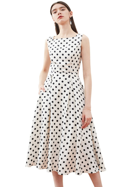Black & White Linen Dress - Sleeveless Polka Dot A-Line Midi 5140