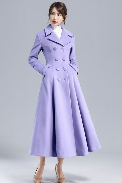 Light Purple Wool Fit-and-Flare Long Coat – Double-Breasted Elegant Silhouette | Xiaolizi 3232