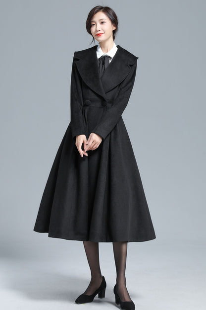 Vintage Black Wool Blend Coat – Elegant Double-Breasted Fit & Flare Maxi Coat | Xiaolizi 3130