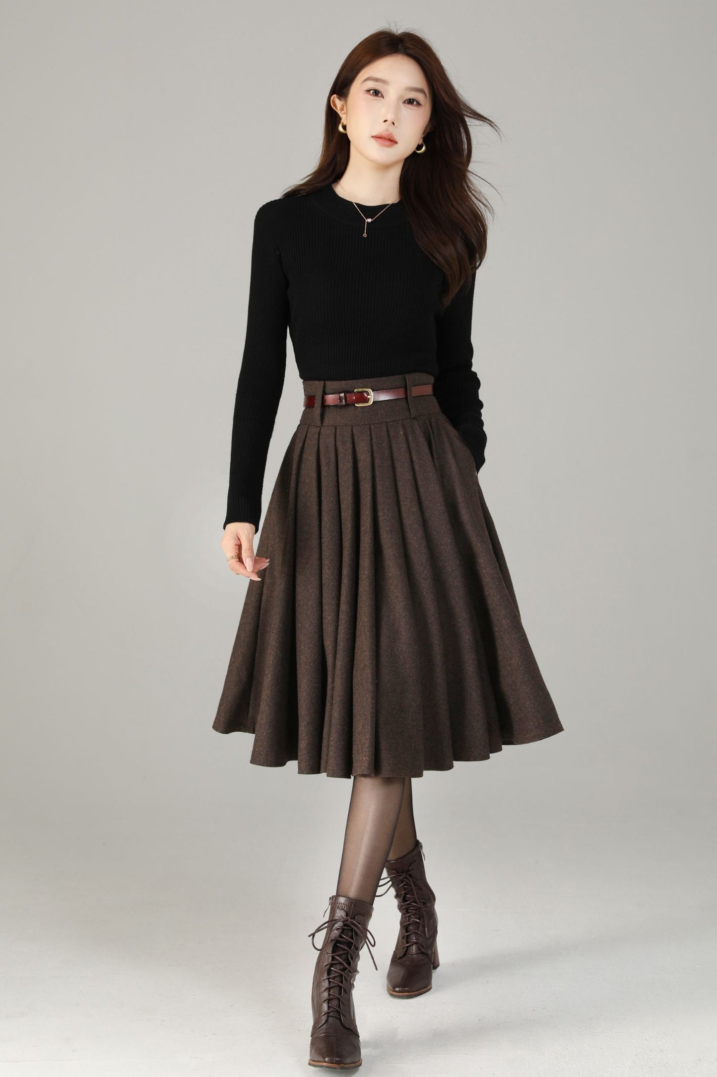 Vintage Wool Blend Circle Skirt – Handmade Knee Length Winter Skirt with Pockets | Xiaolizi 6499