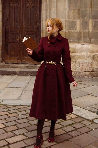 Handmade Burgundy Wool Coat – Vintage Winter Princess Dress Coat 4743