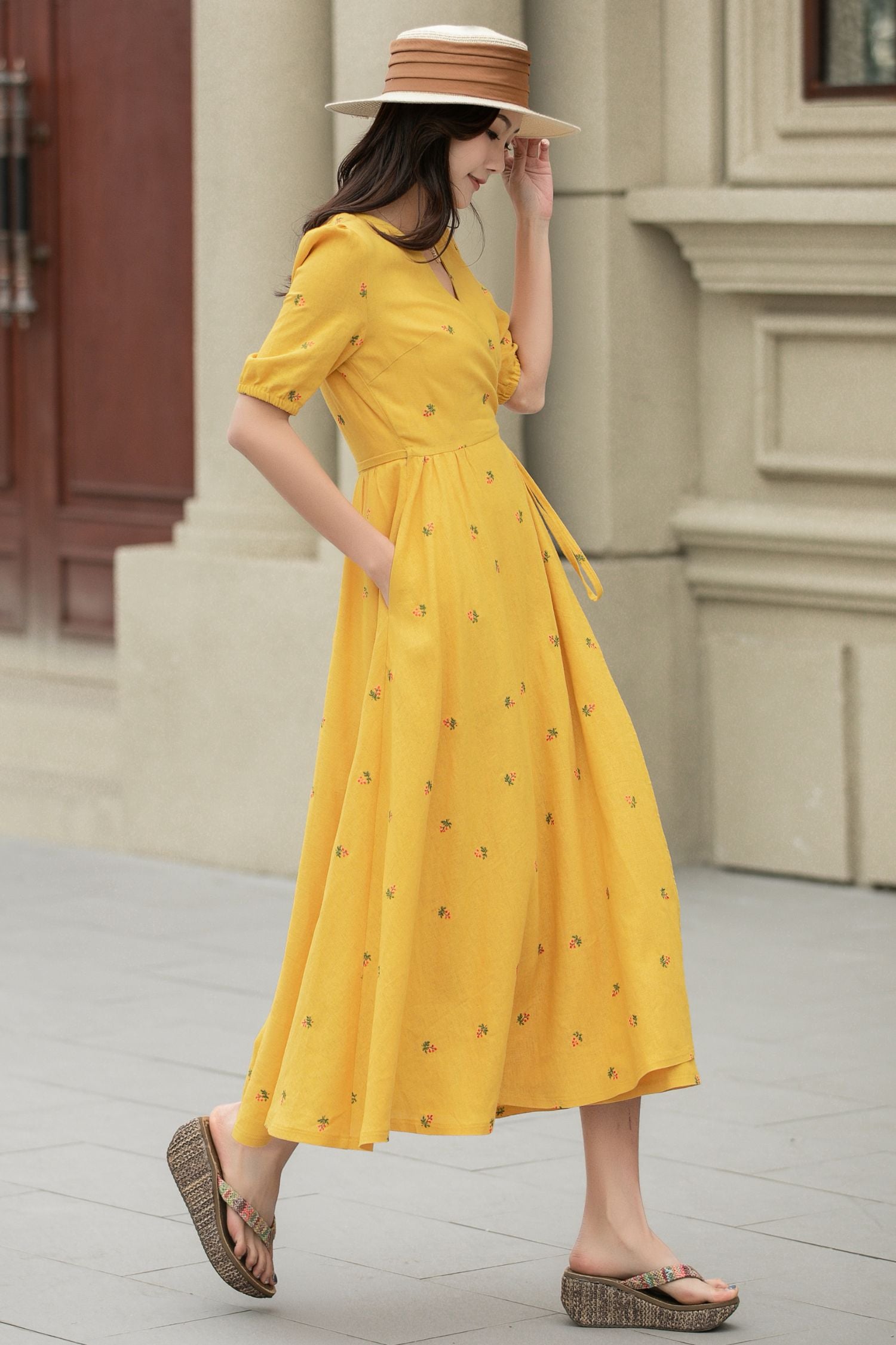 Yellow Linen Wrap Midi Dress with Floral Embroidery | Xiaolizi Yellow Linen Wrap Midi Dress with Floral Embroidery | Xiaolizi