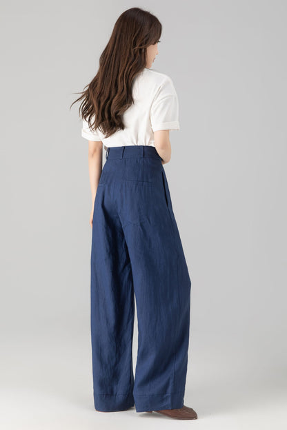 Blue Linen Cotton Wide Leg Pants - Palazzo High Rise | Xiaolizi 5758