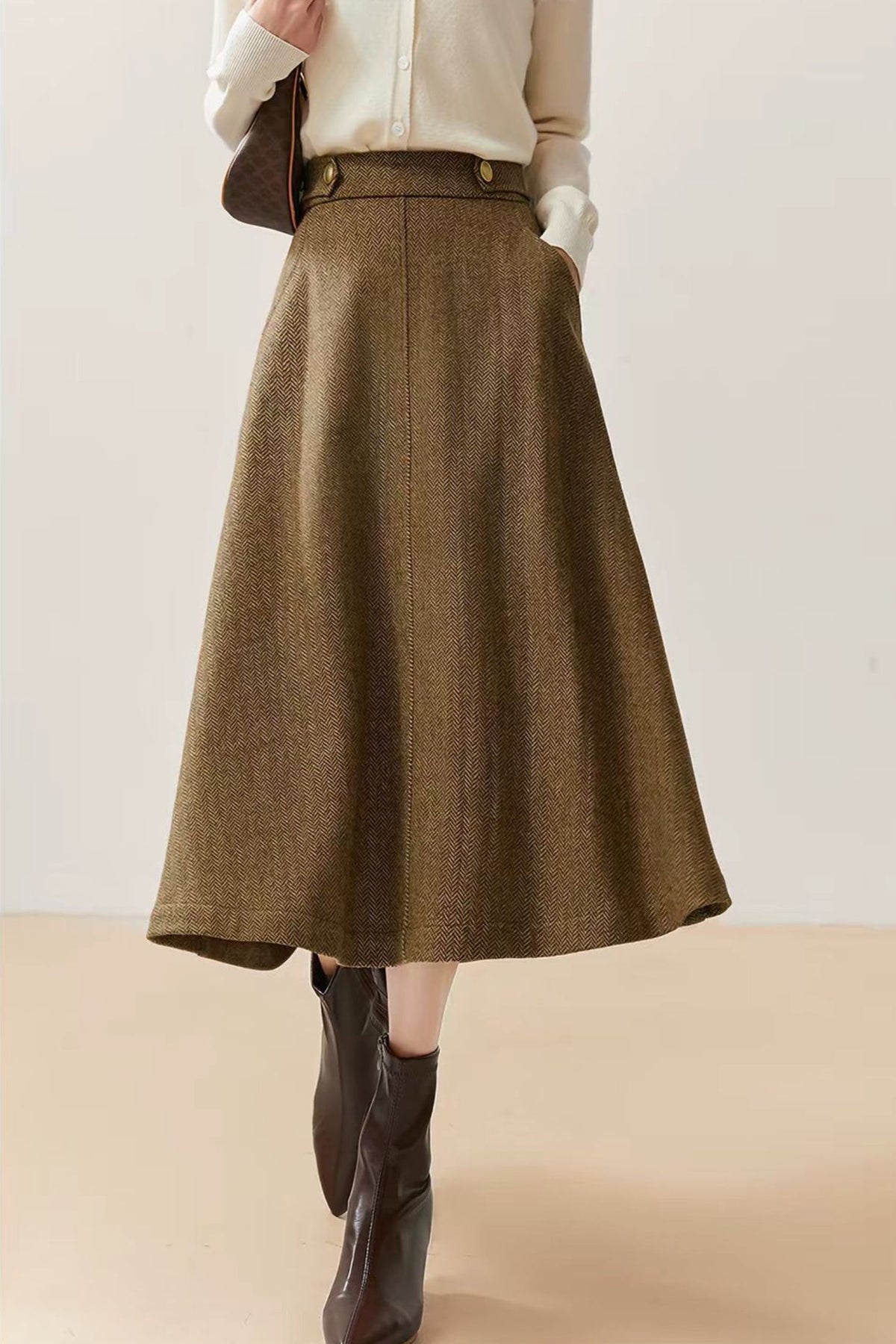 Khaki Midi Wool Blend Midi Skirt - Women A-Line Skirt Winter 7023