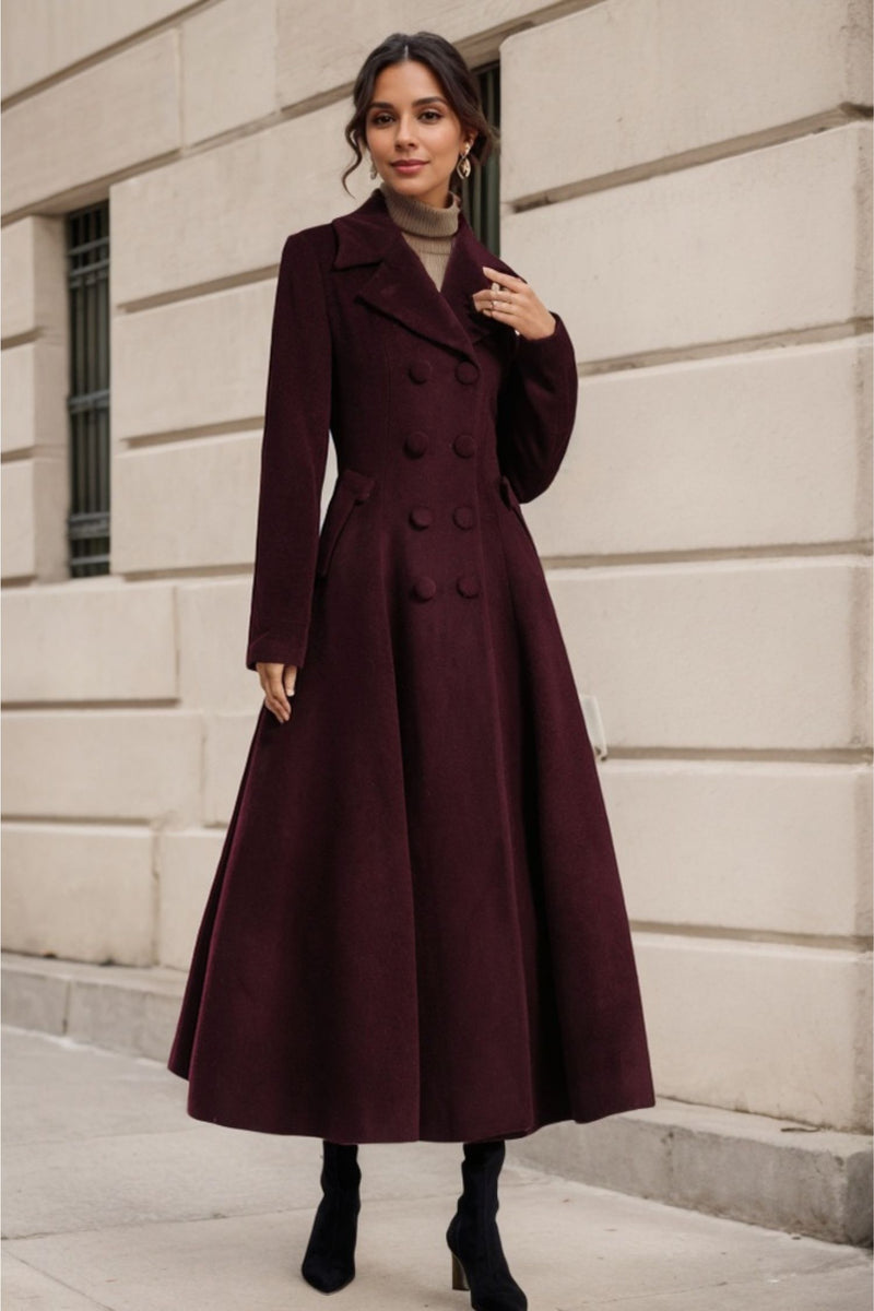 Burgundy Wool Swing Coat – Vintage 1950s Double Breasted Long Overcoat 3239