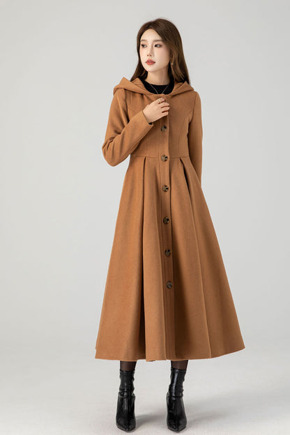 Camel Wool Hooded Coat – Vintage Fit and Flare Long Winter Overcoat 4606