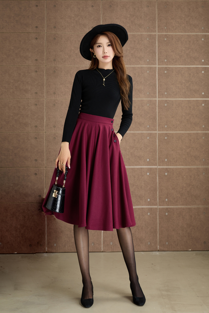 Burgundy knee length swing wool skirt 5362