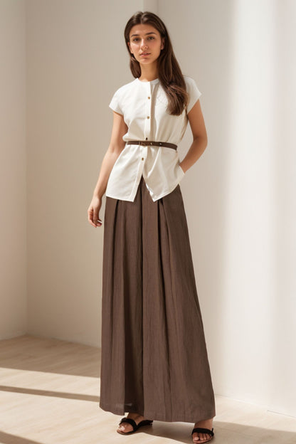 Brown Linen Wide-Leg Pants - High Waist Pleated Pockets | Xiaolizi 5125