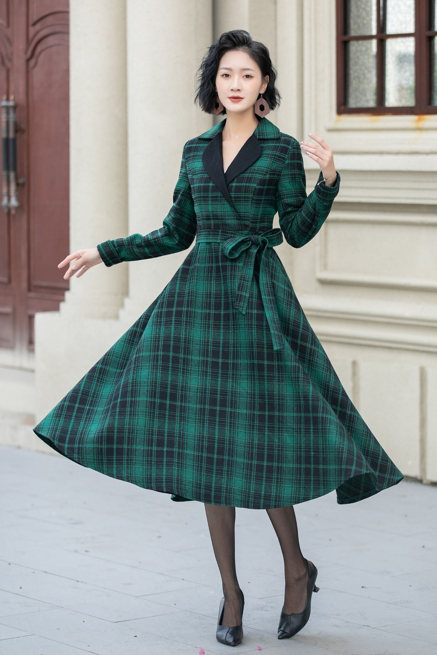 Plaid swing midi wool dress women 5343