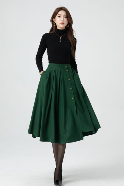 Button front green midi wool skirt 5322