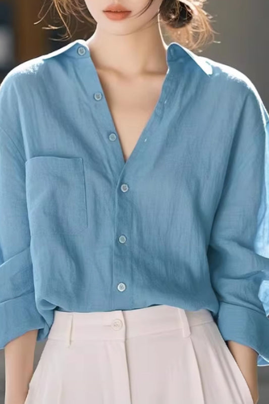Blue Linen Shirt – Relaxed Button Front Summer Blouse | Xiaolizi 6644
