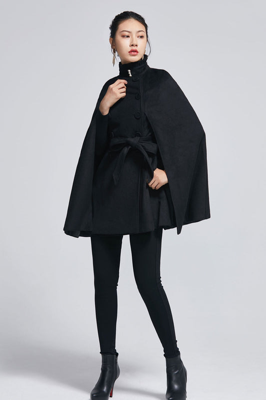 Black wool cape coat with self tie belt 2278