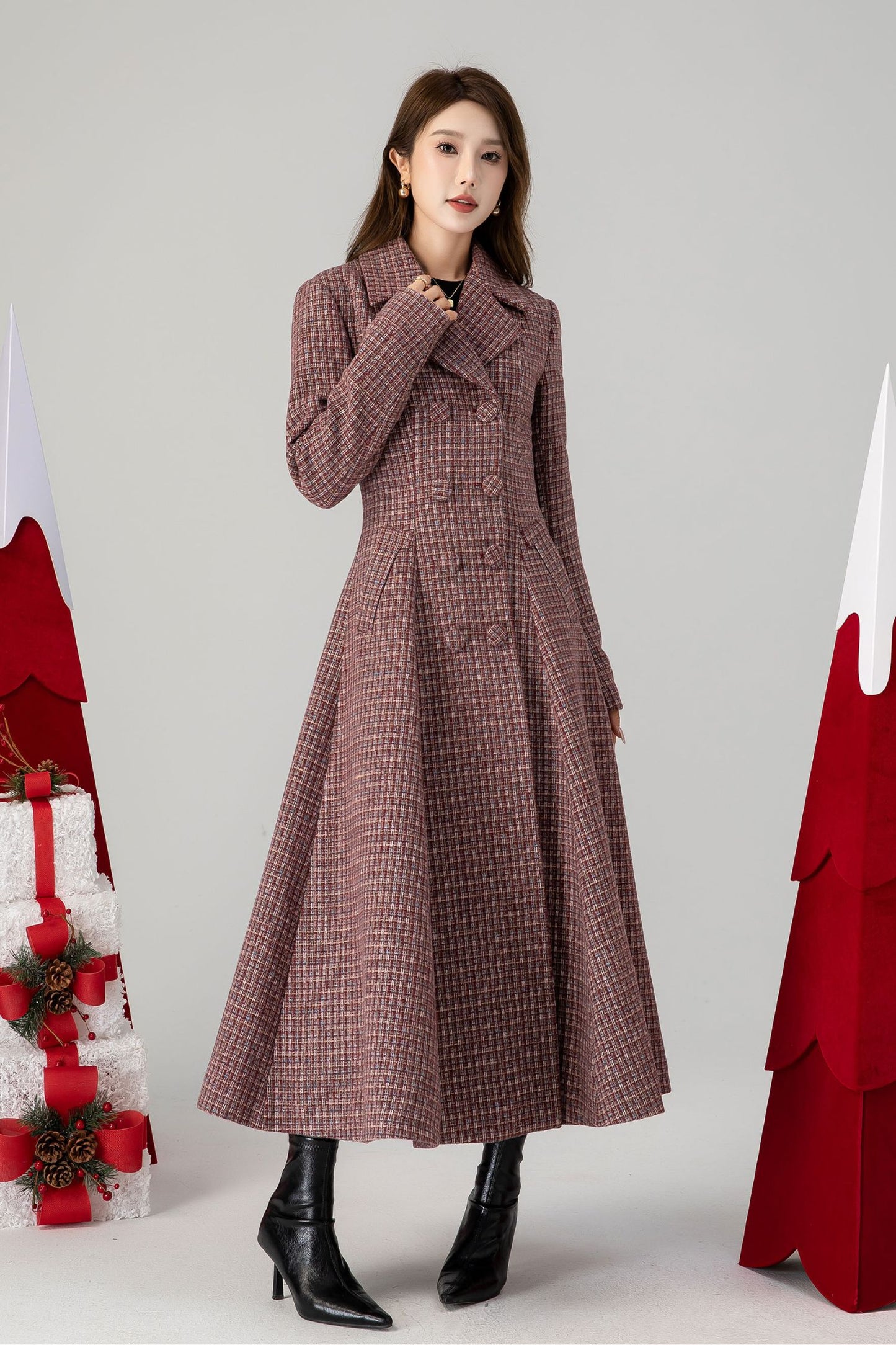 Vintage inspired plaid long wool coat 4614