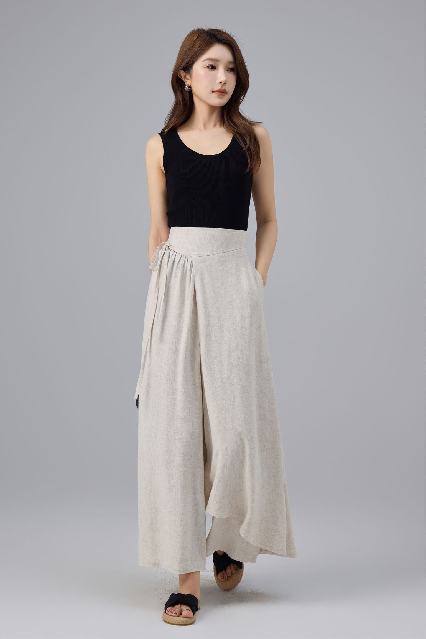 Beige Linen Cotton Wrap Pant - Wide Leg, Tie Belt Design | Xiaolizi 6763