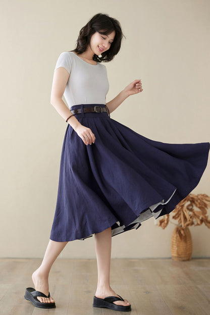 Navy Linen Pleated A-Line Skirt - High Waist Knee Length | Xiaolizi 4972