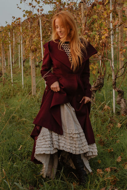Burgundy Hooded Wool Coat – Handmade Long Belted Wool Winter Overcoat for Women 6546