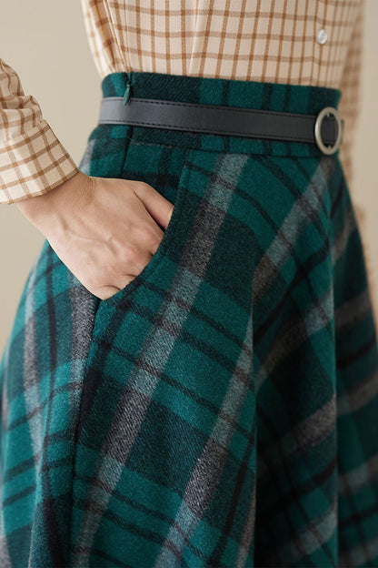 Handmade Deep Green Plaid Wool Maxi Skirt – High Waist A-line Winter Long Skirt | Xiaolizi 4628