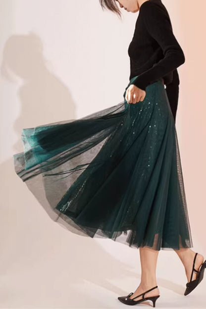 Black Wool A-Line Midi Lace Skirt - Elegant Elastic Waist 5585