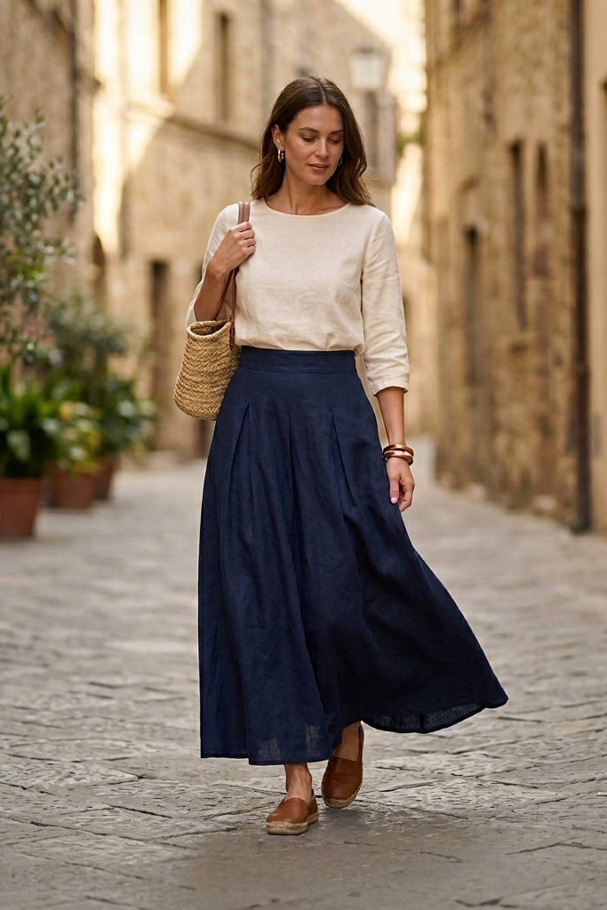 Woman walking down a sunlit street in an urban setting, wearing a white top and navy blue skirt.