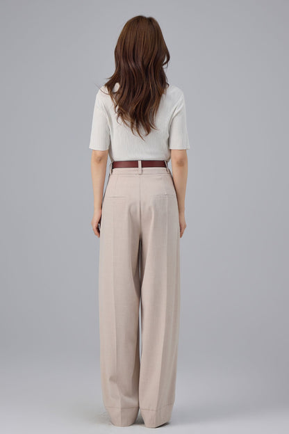 Beige Polyester Wide Leg Pants - High Waist Pleated | Xiaolizi 6761