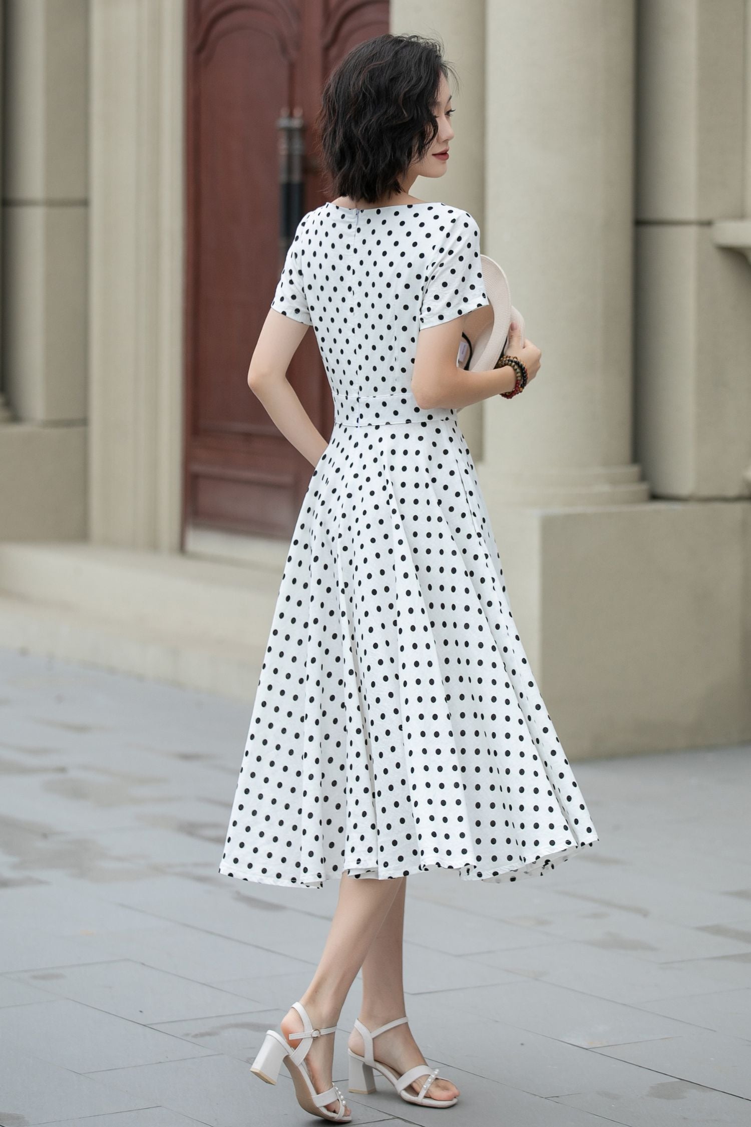 Black & White Cotton Linen Midi Dress with Flared Swing Skirt