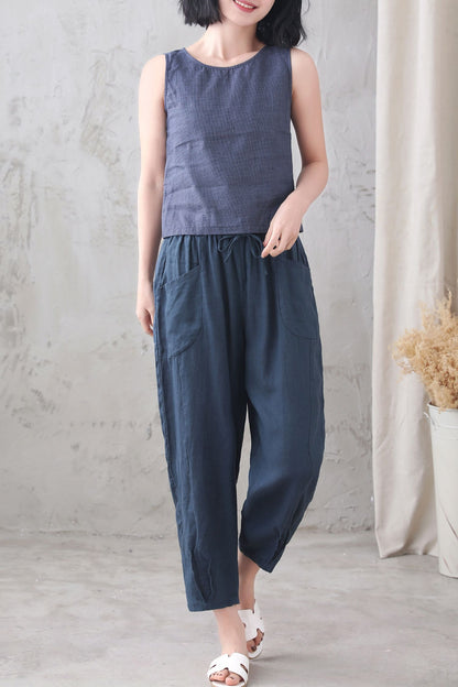Blue Checked linen Tank Top 3338
