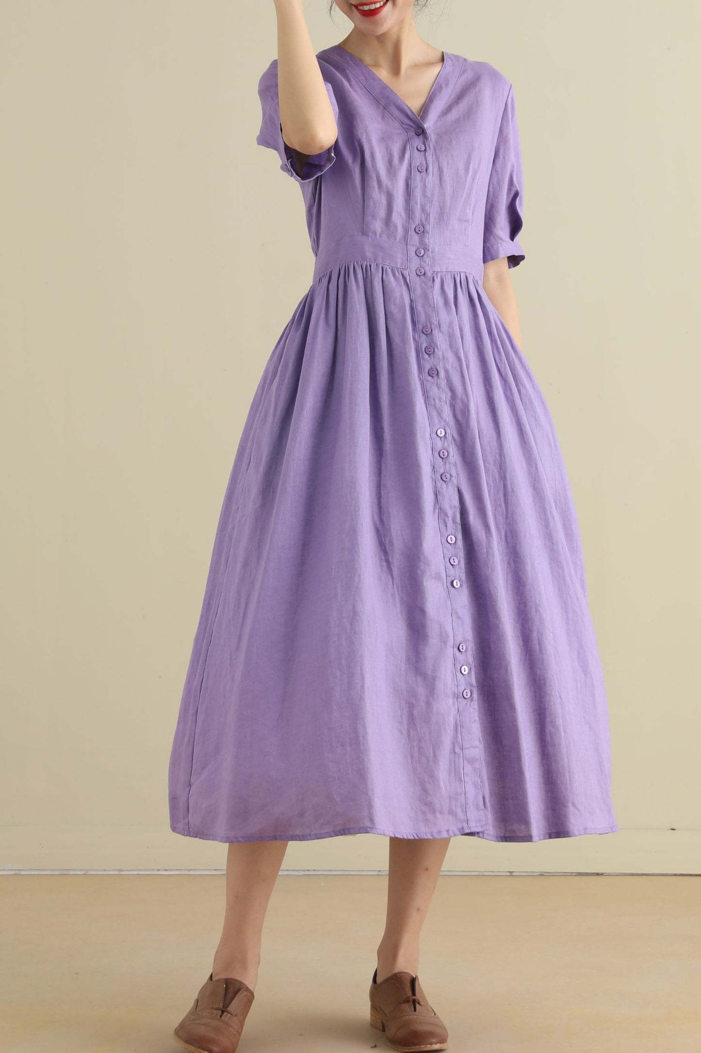 Button up purple midi linen dresses 2796