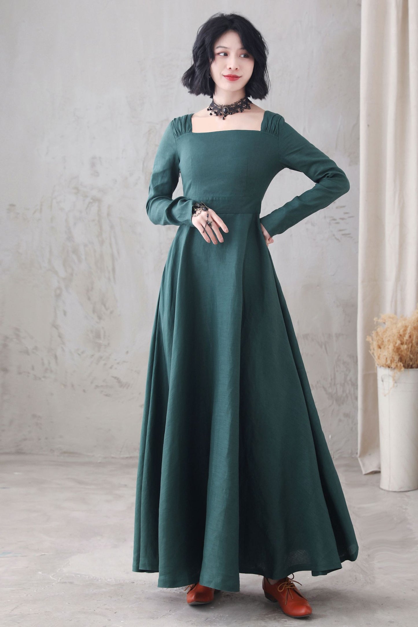 Long sleeve Linen Maxi dress with pocket 3285