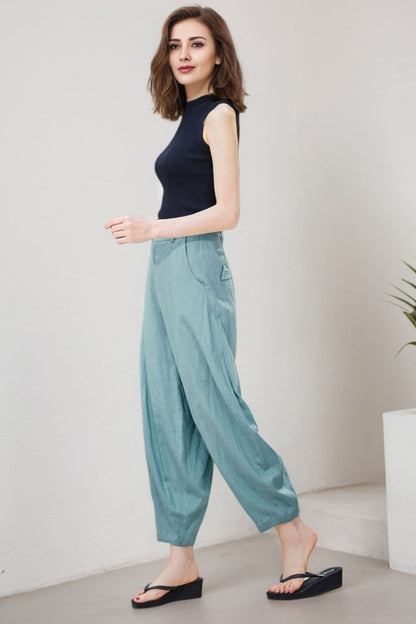 Blue Linen Blend Casual Pants - Baggy Fit with Side Pockets 2191