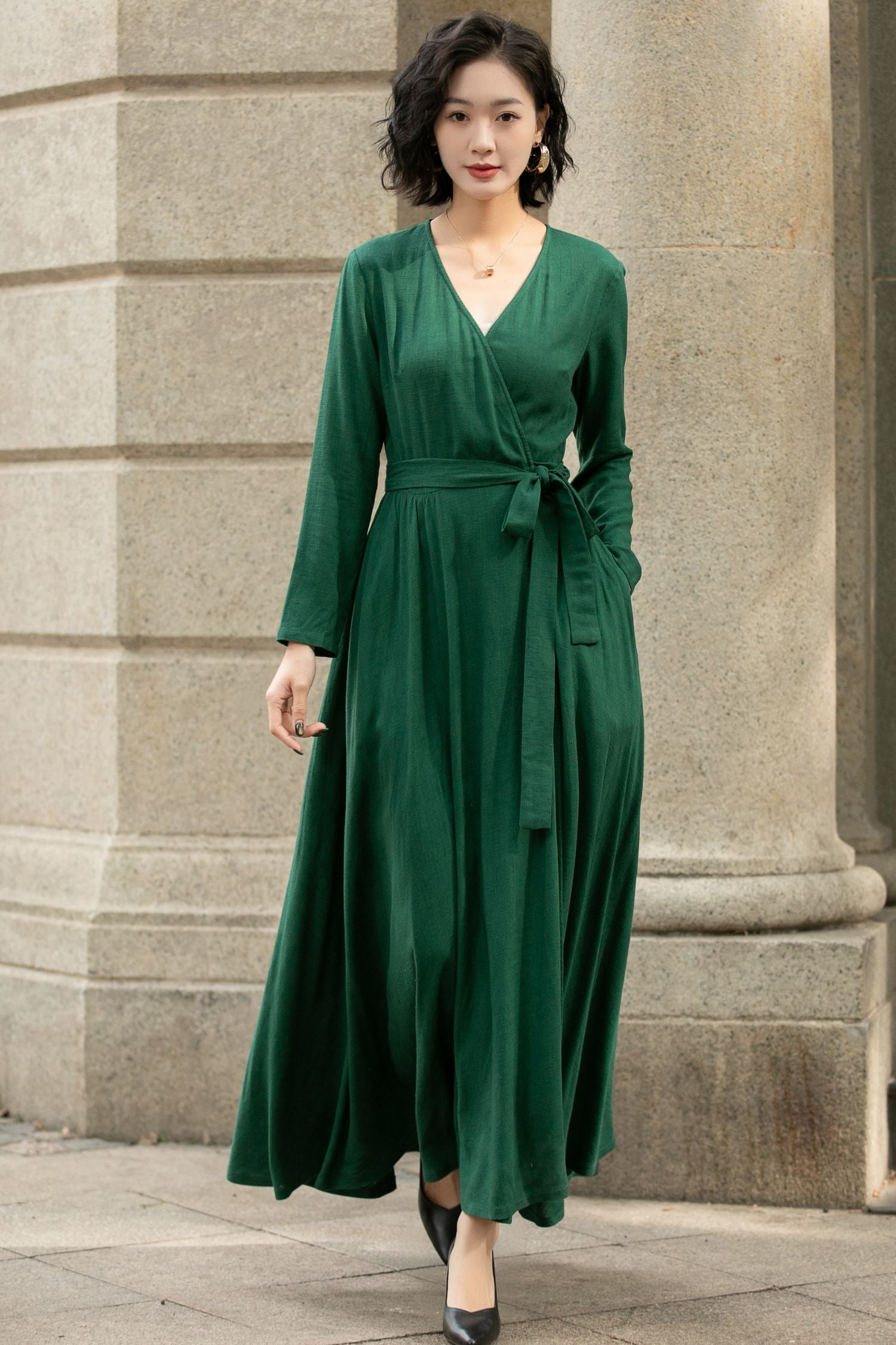 Green Wrap Linen Dress for Women 5673 - Green / XS Green Wrap Linen Dress for Women 5673 - Green / XS