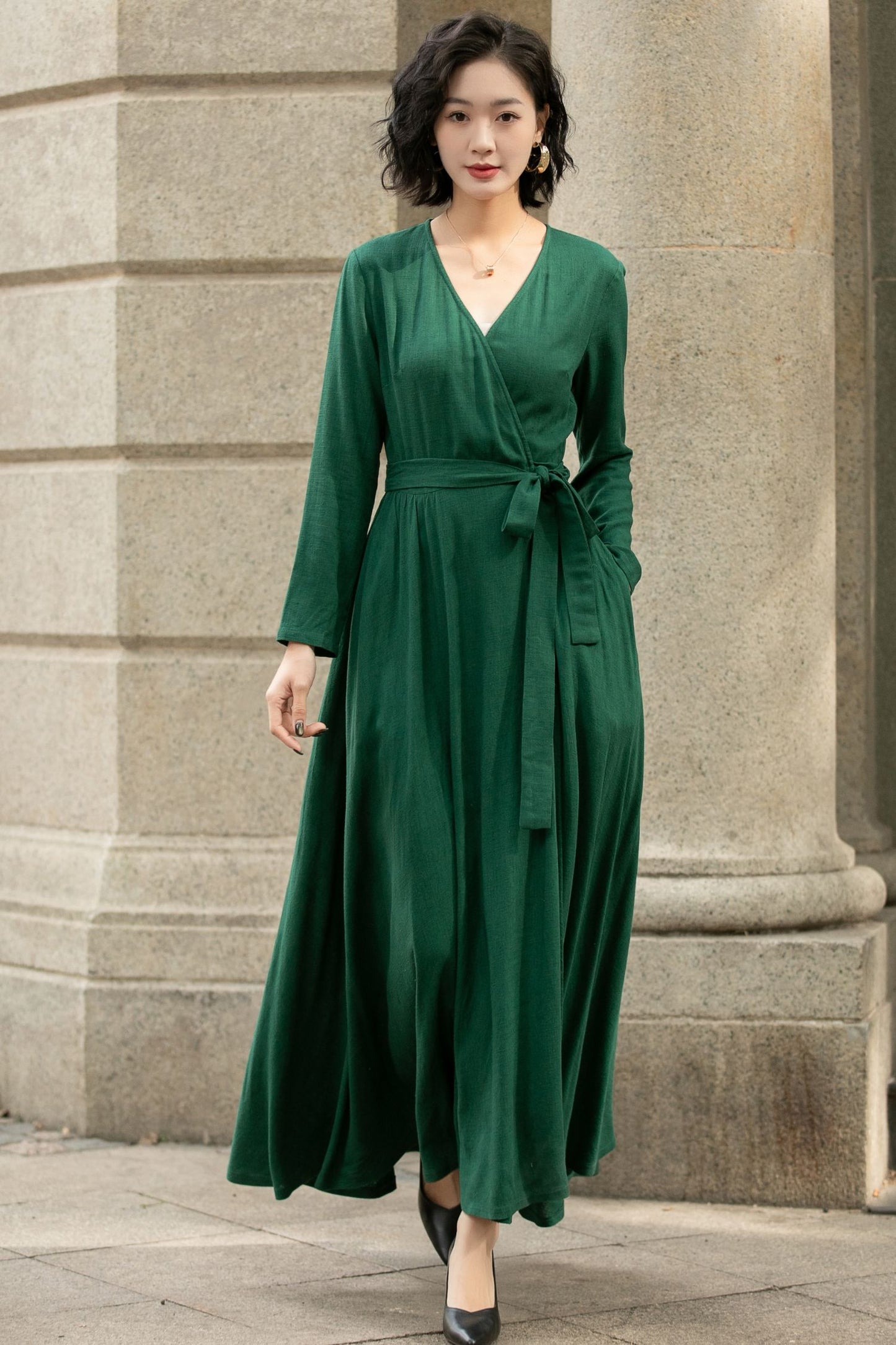 Green Wrap Linen Dress for Women 5673