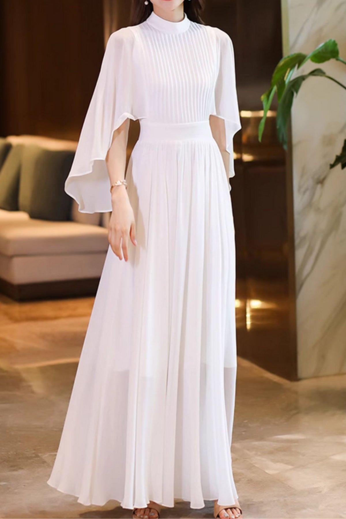 flowy white chiffon dress Maxi with Ankle Length and Banded Neckline – Xiaolizi dress length:Midi Dresses