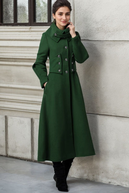 Army Green Wool Coat - Elegant Military-Inspired Maxi Long Coat 1118