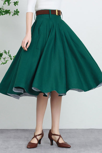 Emerald Green Linen Midi Skirt - Pleated High Waist Swing 5737