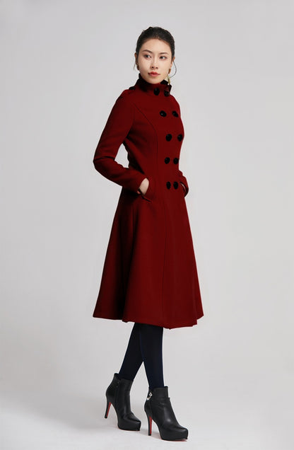 Wine Red Wool Coat - Double Breasted A-Line Silhouette 5614