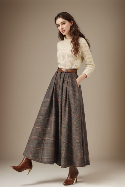 Plaid Wool Maxi Skirt – Handmade Brown Winter Full Skirt with Pockets | Xiaolizi  5251