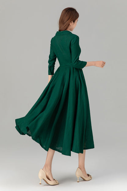 Green Linen Blend Midi Shirt Dress - Fit and Flare with Tie Belt Waist 4909
