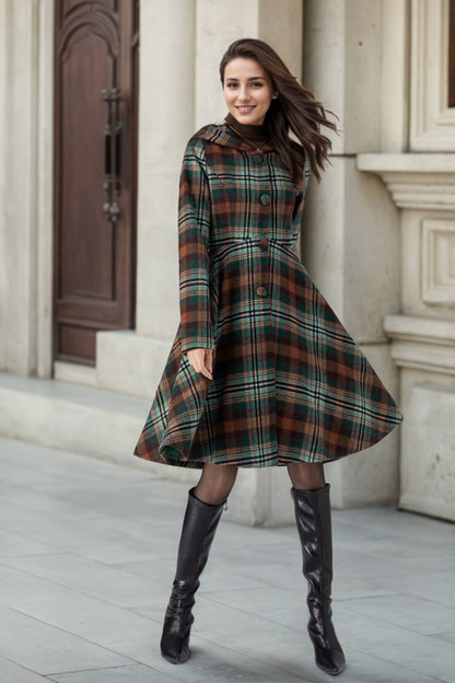 Plaid Wool Coat Midi Dress - Hooded Fit and Flare Winter Outerwear 4784
