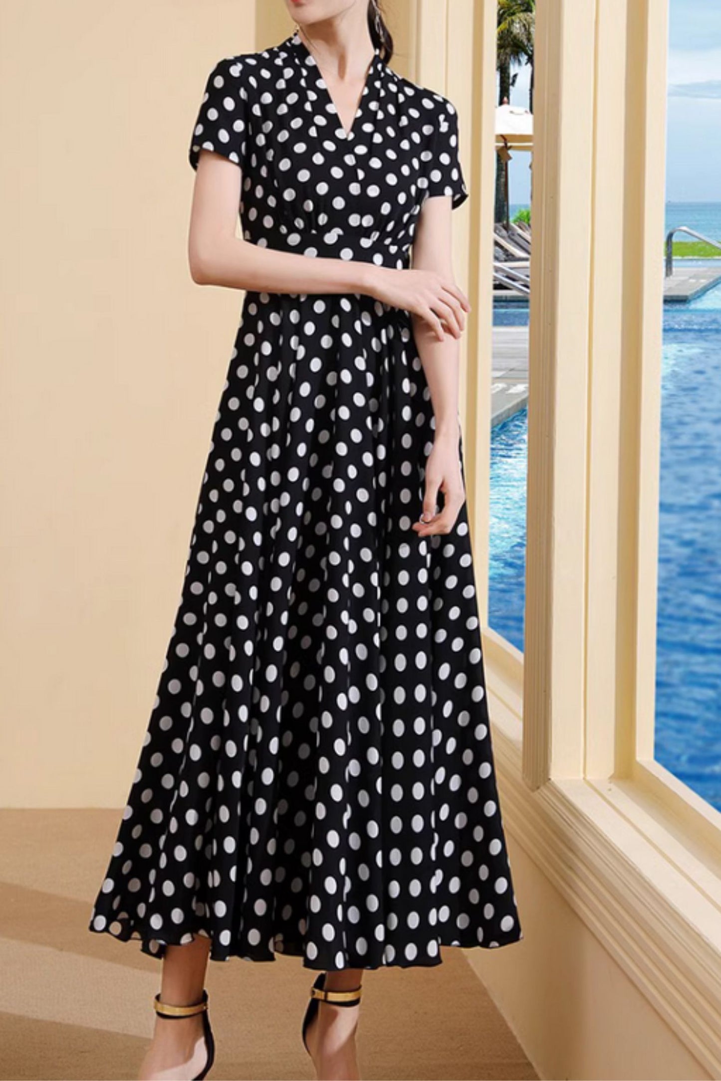 Black and white polka dot long chiffon dress 5020