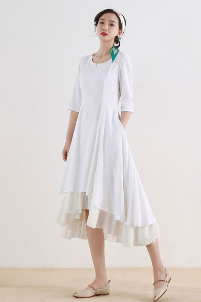 White Linen Summer High-Low Dress with Flowy Hem 2517