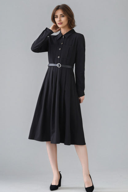 Xiaolizi Black Pleated Midi Dress – Vintage Long Sleeve Button Front Dress 6347