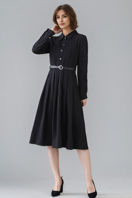 Xiaolizi Black Pleated Midi Dress – Vintage Long Sleeve Button Front Dress 6347